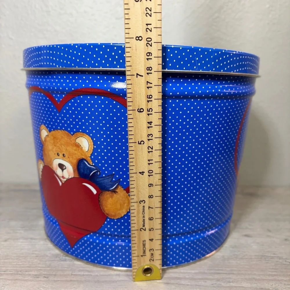 Vintage Teddy Bear Heart Blue Polka Dot Metal Cookie Tin Storage Container 10